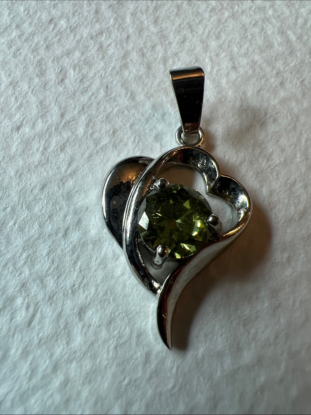 Silver-tone Heart Pendant with Olive Green Stone